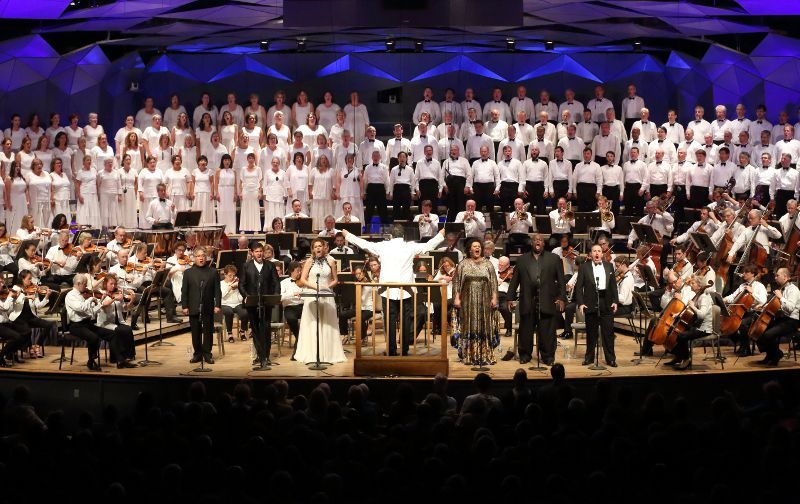 Music Director Andris Nelsons leads the BSO , soloists, Taanglewood Festival Chorus in Verdi's Aida at Tanglewood, Aug. 20, 2016; Hilary Scott photo.