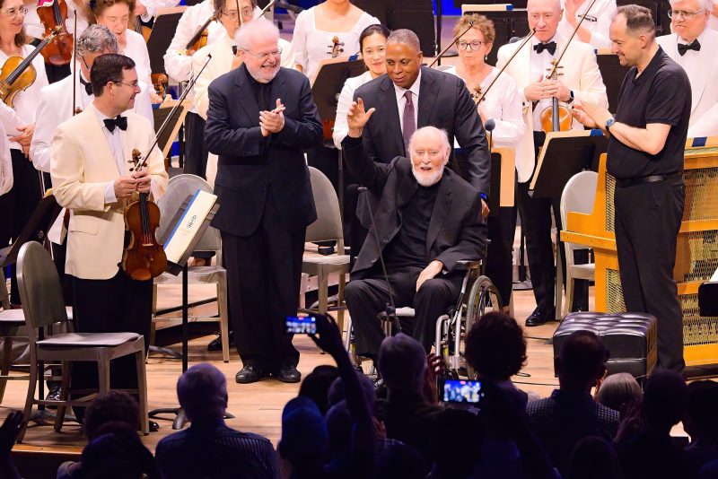 John Williams acknowledges the audience following the premiere of his Piano Concerto, with Emanuel Ax, Andris Nelsons and the BSO, Tanglewood, July 26, 2025; Hilary Scott photo.